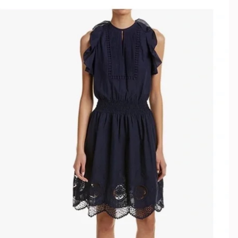 Shoshanna Women’s Alondra Eyelet Cold Shoulder Lined Cotton Blue Cotton Dress 2
